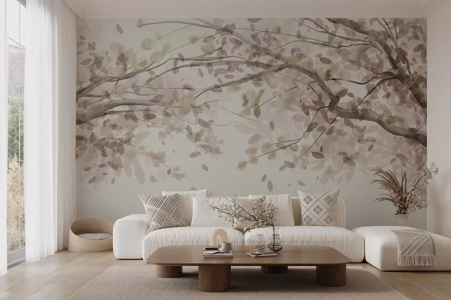 murais de parede Ramos de flores com folhas bege, cores suaves, detalhes delicados, estilo aquarela, em um fundo claro w08867v1