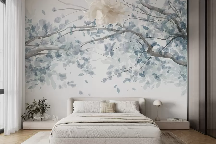 murais de parede Ramos de flores com folhas azuis, cores suaves, detalhes delicados, estilo aquarela, em um fundo claro w08867v2