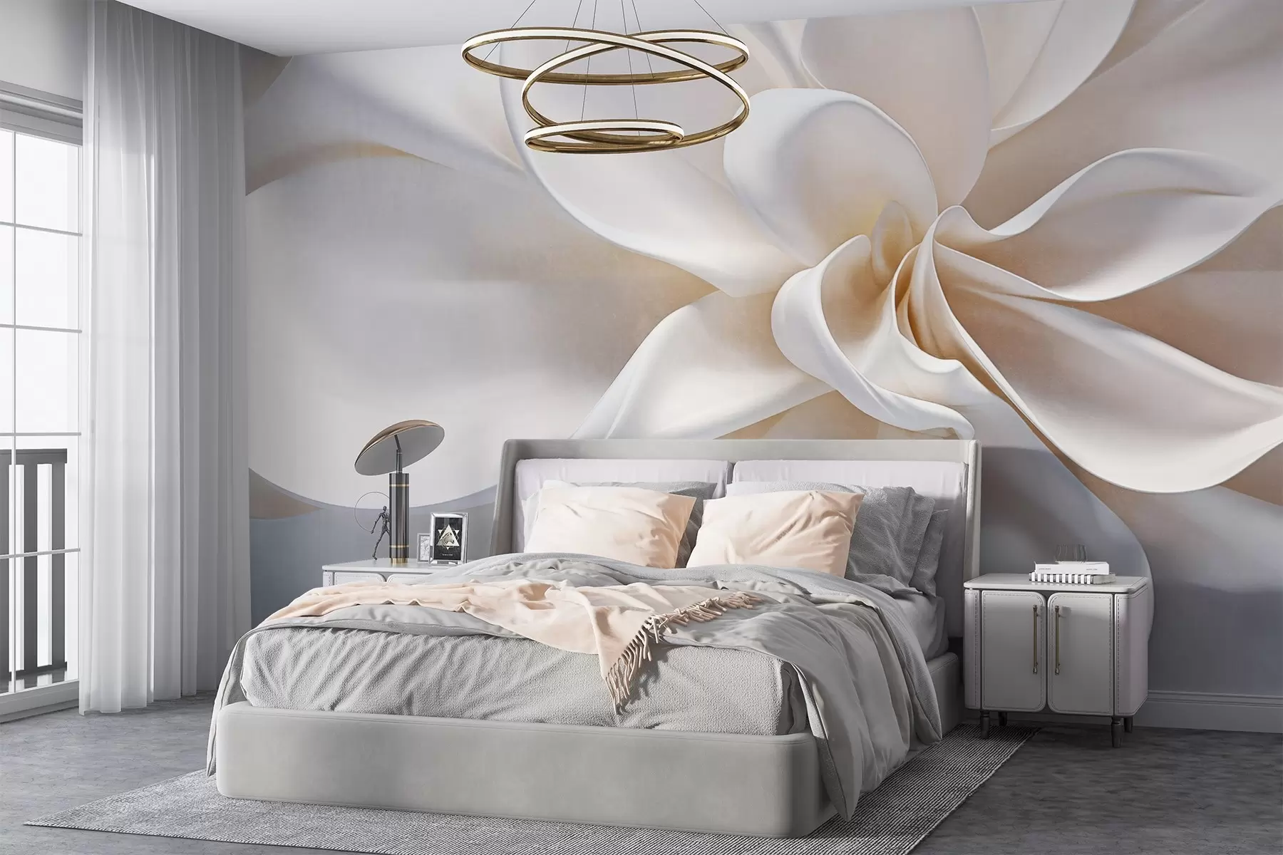 murais de parede Uma flor minimalista com textura pastel branca e pétalas suaves, leve e arejada, em um fundo branco w08868