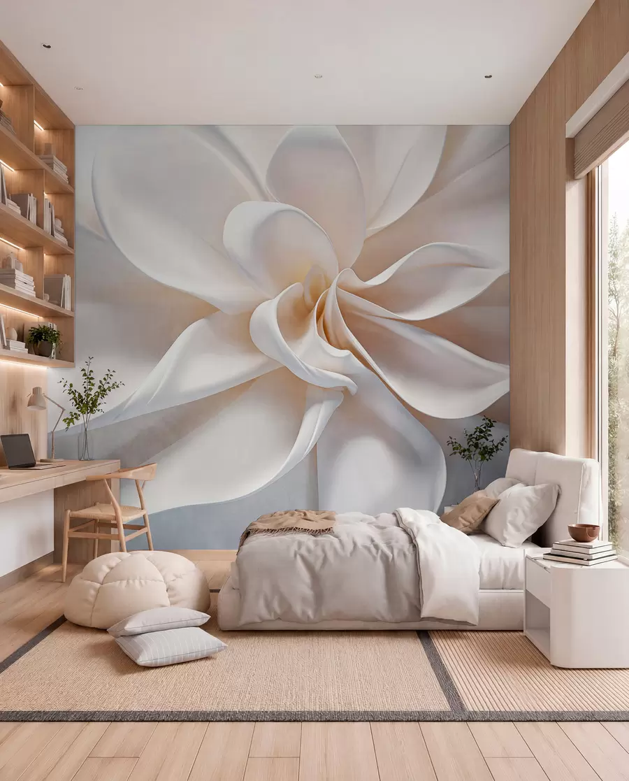 murais de parede Uma flor minimalista com textura pastel branca e pétalas suaves, leve e arejada, em um fundo branco w08868