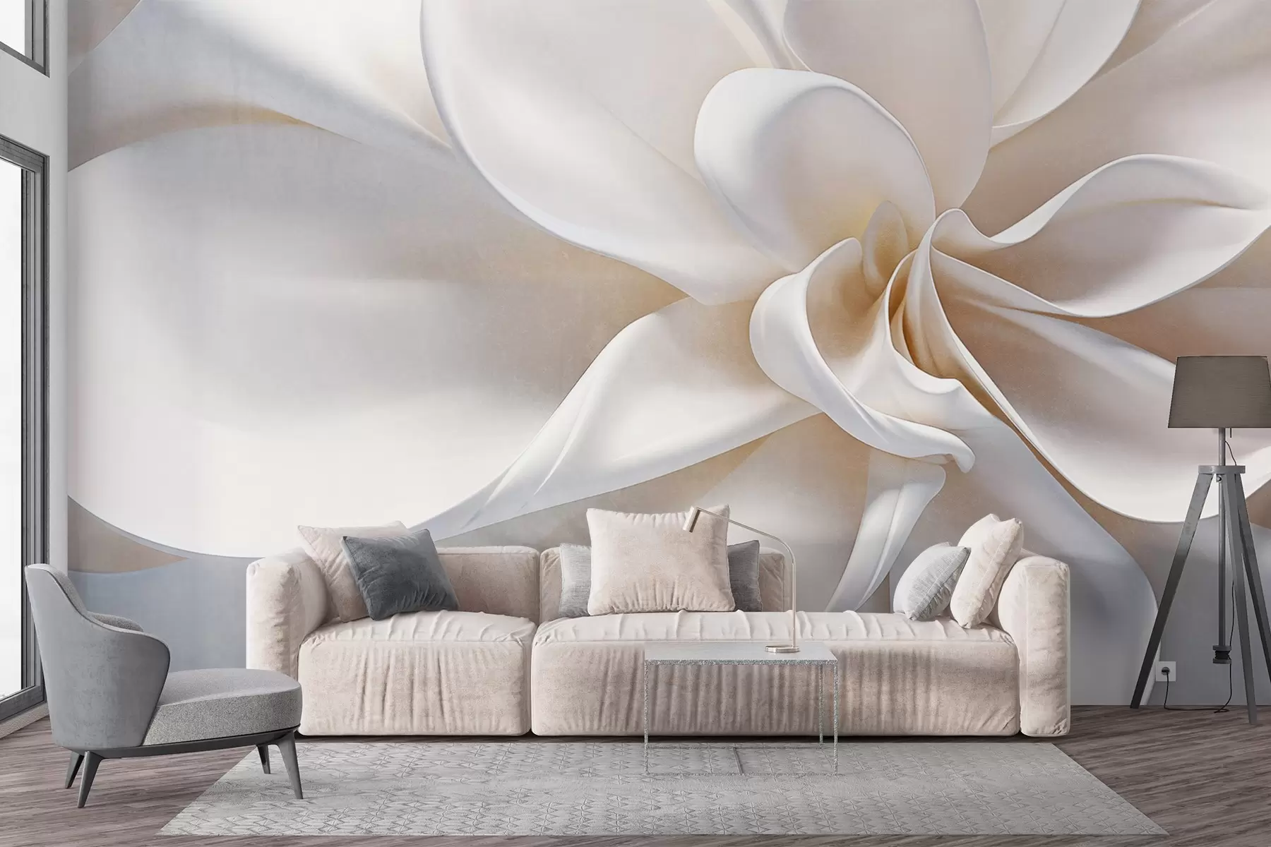 murais de parede Uma flor minimalista com textura pastel branca e pétalas suaves, leve e arejada, em um fundo branco w08868