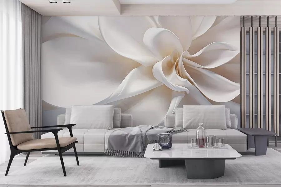 murais de parede Uma flor minimalista com textura pastel branca e pétalas suaves, leve e arejada, em um fundo branco w08868