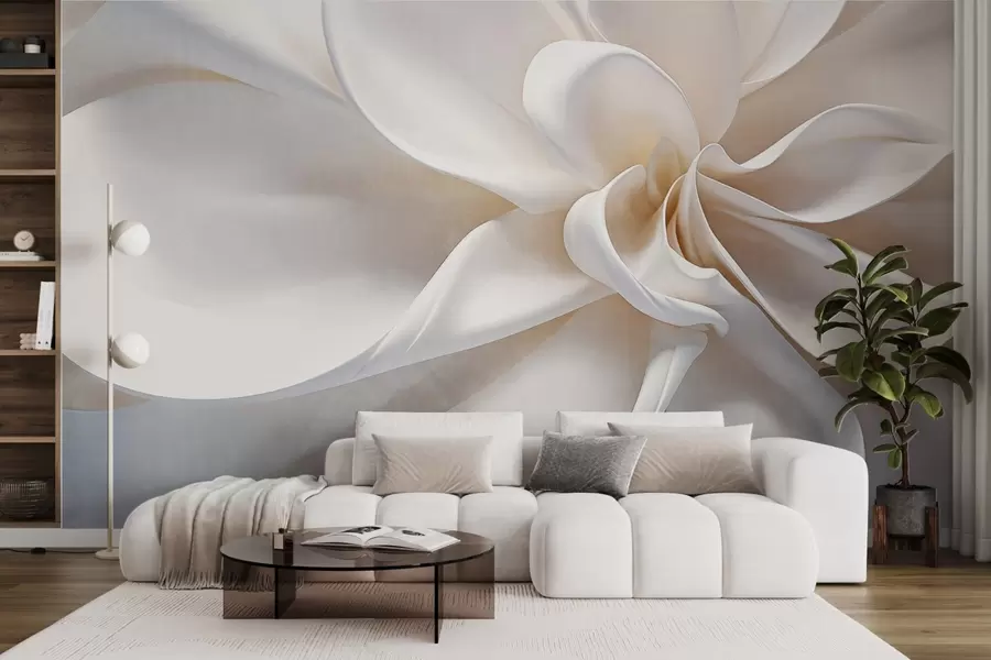murais de parede Uma flor minimalista com textura pastel branca e pétalas suaves, leve e arejada, em um fundo branco w08868