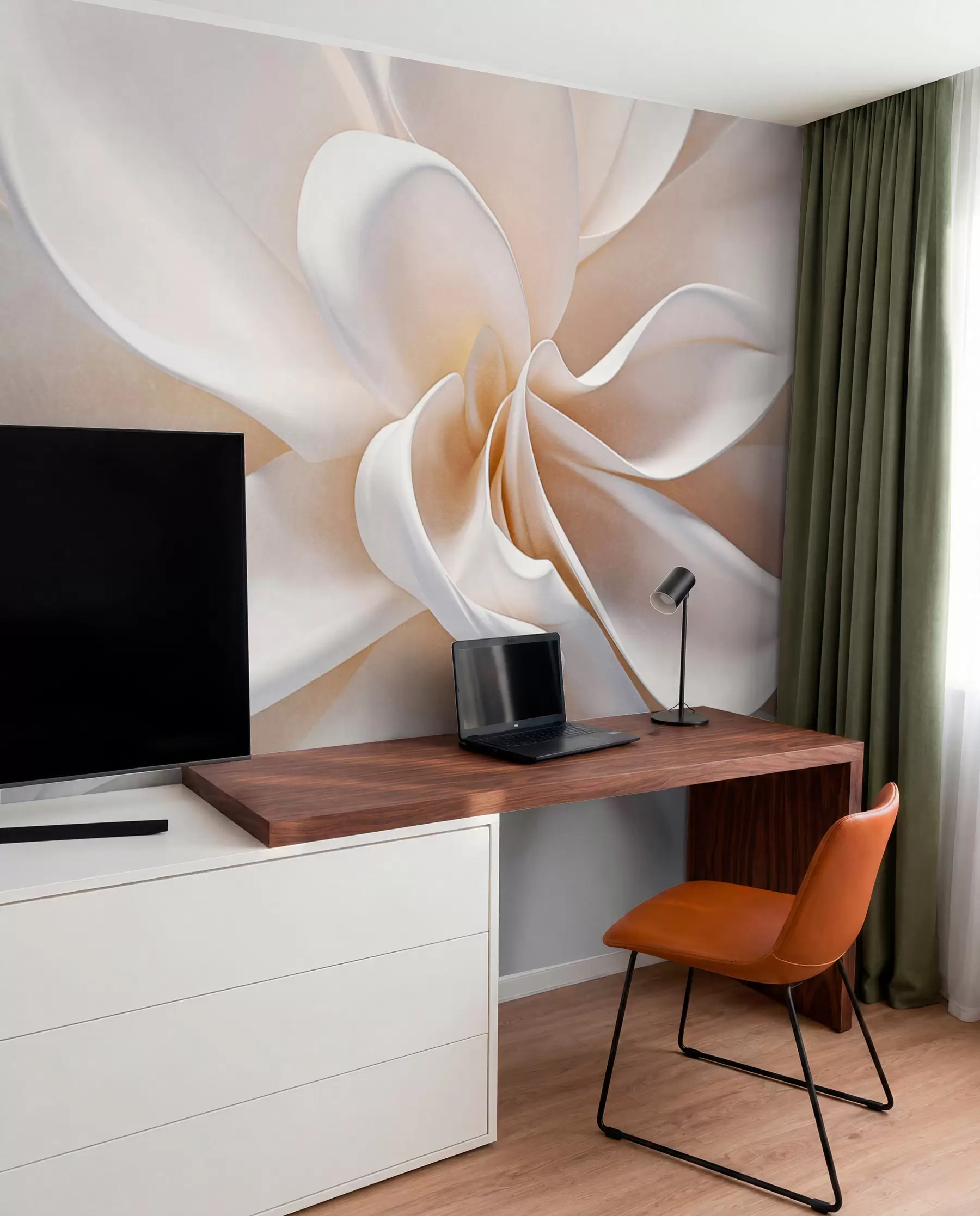 murais de parede Uma flor minimalista com textura pastel branca e pétalas suaves, leve e arejada, em um fundo branco w08868