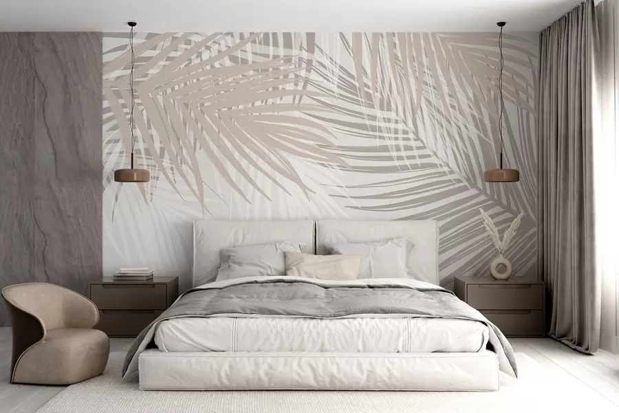 murais de parede Folhas de palmeira em tons de bege claro e branco, folhagem tropical, cores pastéis suaves, design minimalista w08869