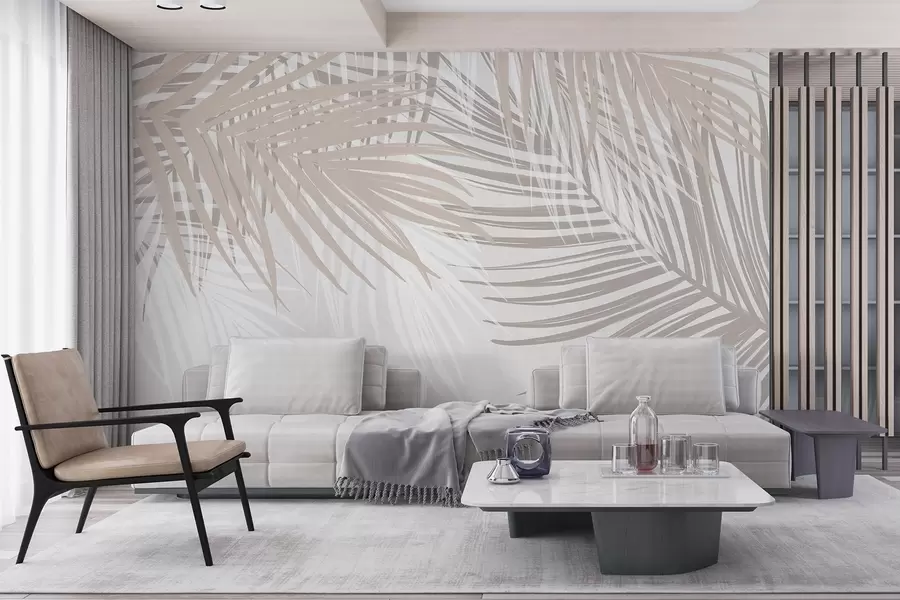 murais de parede Folhas de palmeira em tons de bege claro e branco, folhagem tropical, cores pastéis suaves, design minimalista w08869
