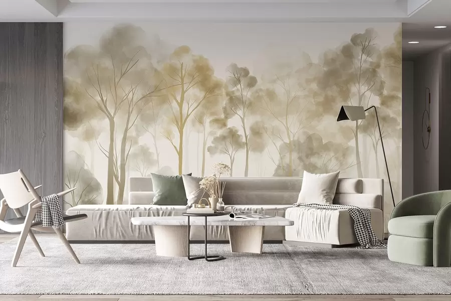 murais de parede Floresta em estilo aquarela com árvores altas de cores claras em tons de bege e amarelo, com uma atmosfera de neblina w08870