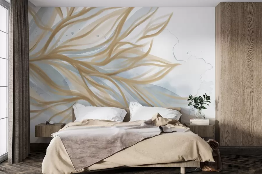 murais de parede Folhas amarelas abstratas com fundo azul em aquarela, suaves e delicadas, formas orgânicas, linhas fluidas w08871