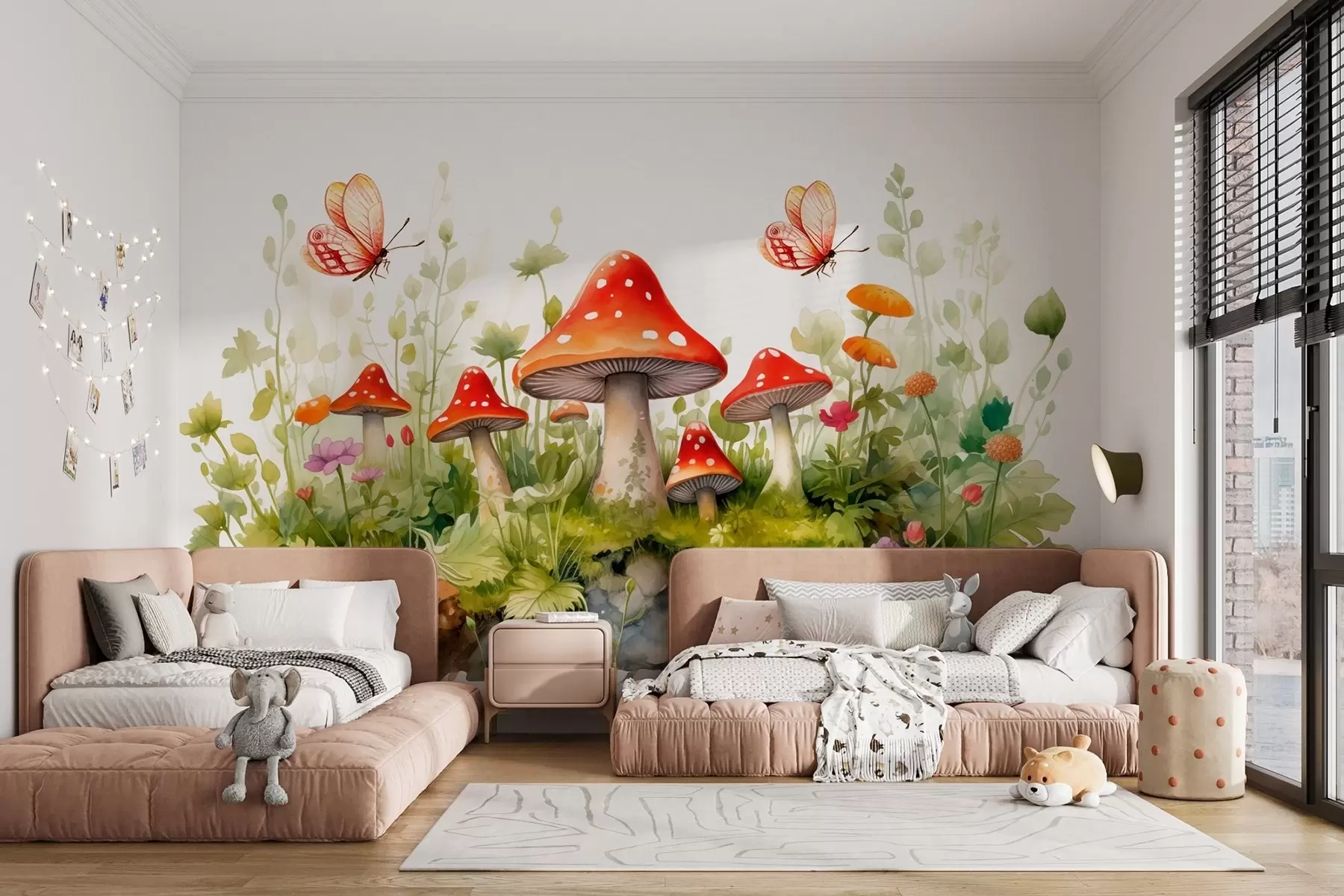 murais de parede Uma paisagem de floresta em um fundo branco em estilo aquarela com cogumelos, sapos e borboletas w08854