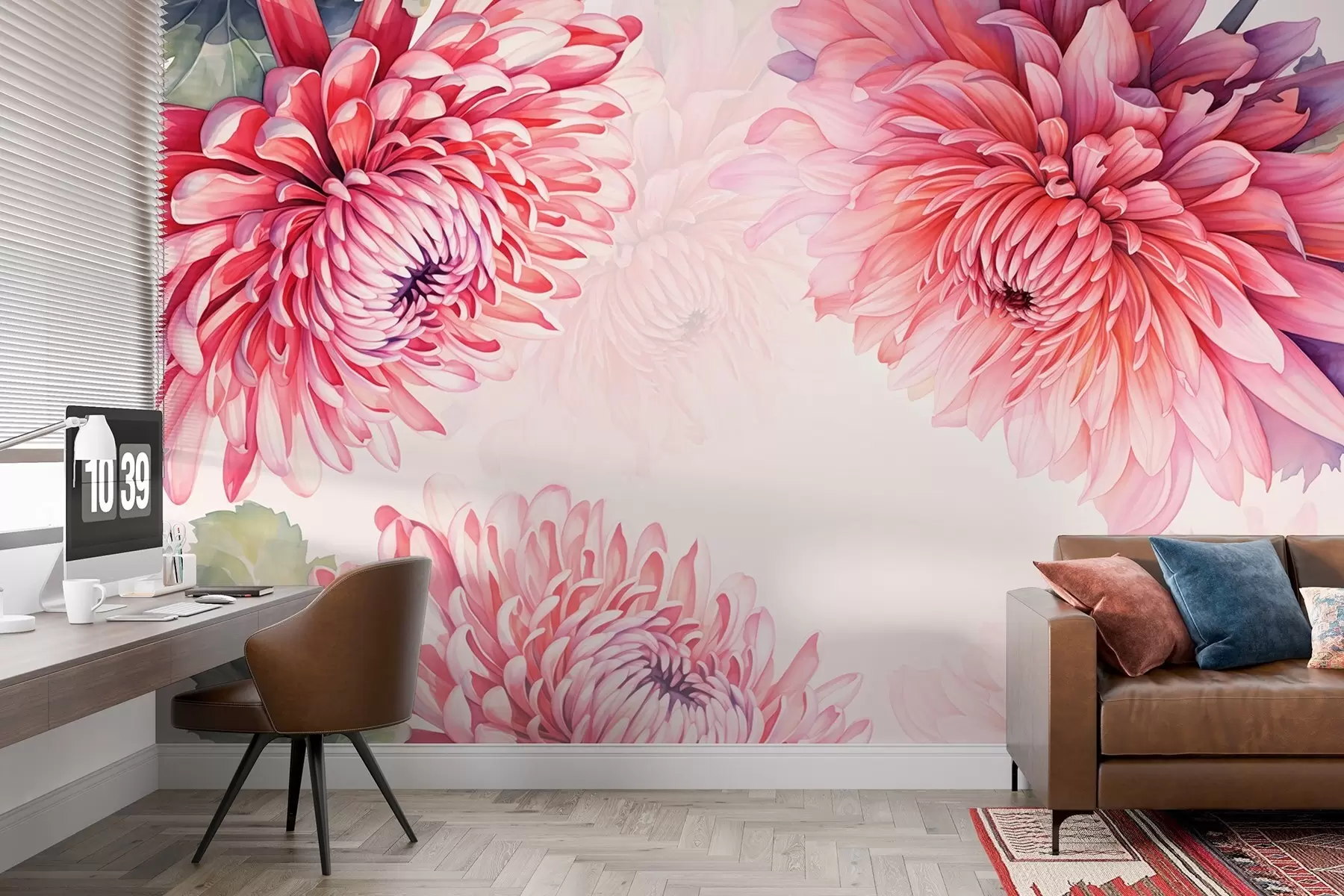 murais de parede Flores de crisântemo em estilo aquarela em uma cor framboesa brilhante w08855