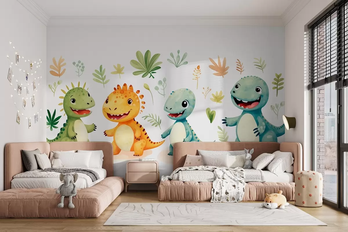 murais de parede Dinossauros e plantas fofos em estilo aquarela w08874