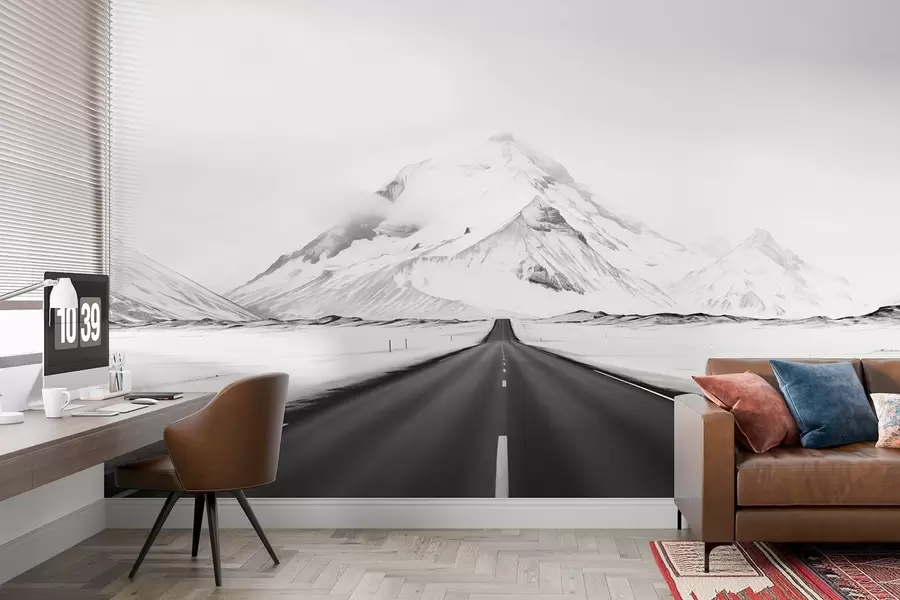 murais de parede Uma paisagem em preto e branco com uma estrada que leva às montanhas com uma leve névoa w08876