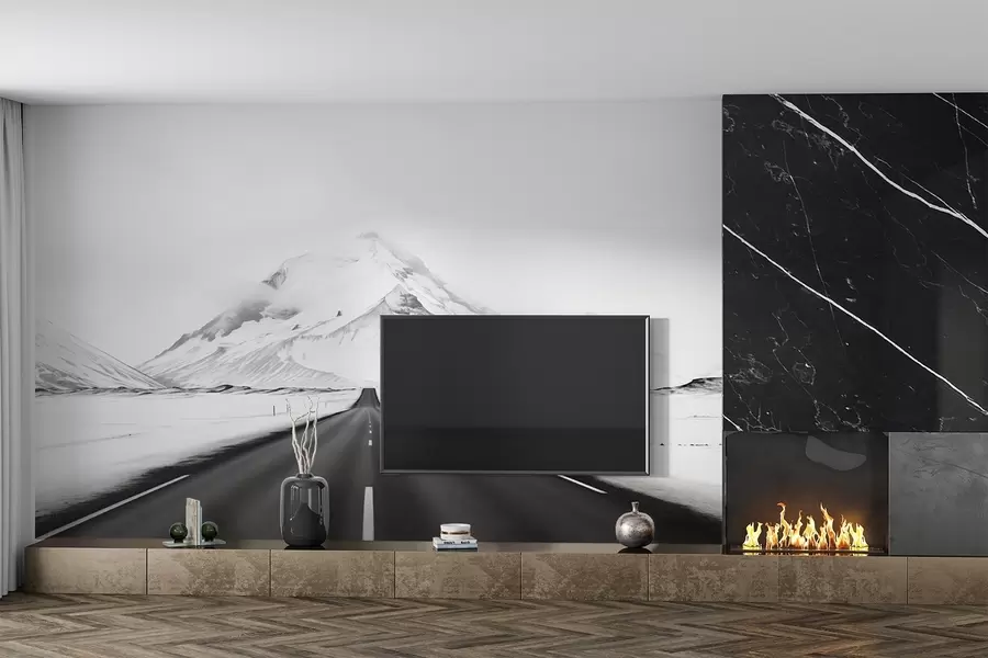 murais de parede Uma paisagem em preto e branco com uma estrada que leva às montanhas com uma leve névoa w08876