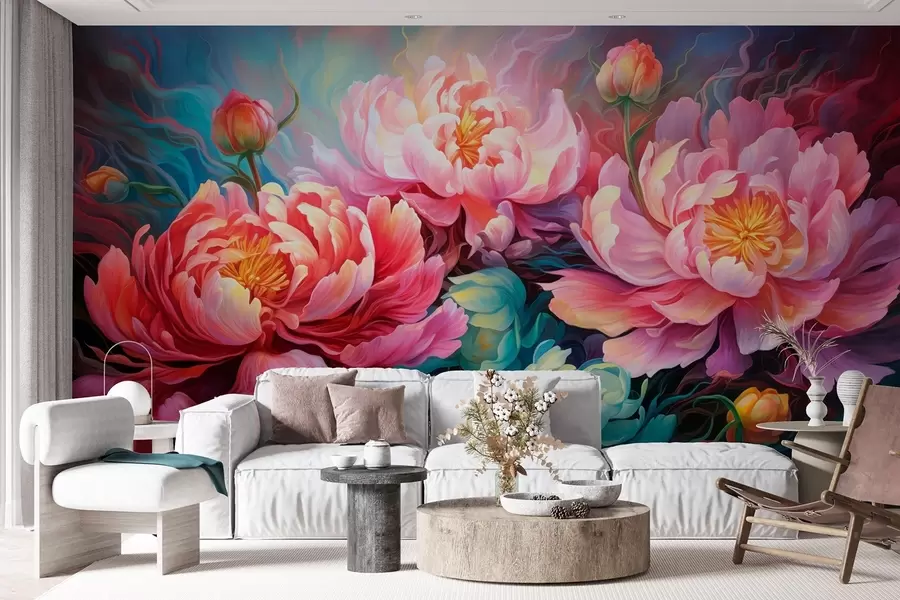 murais de parede Peônias rosa de conto de fadas em estilo de pincelada w08879