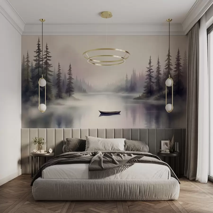 murais de parede Paisagem em aquarela com um barco no lago w03333