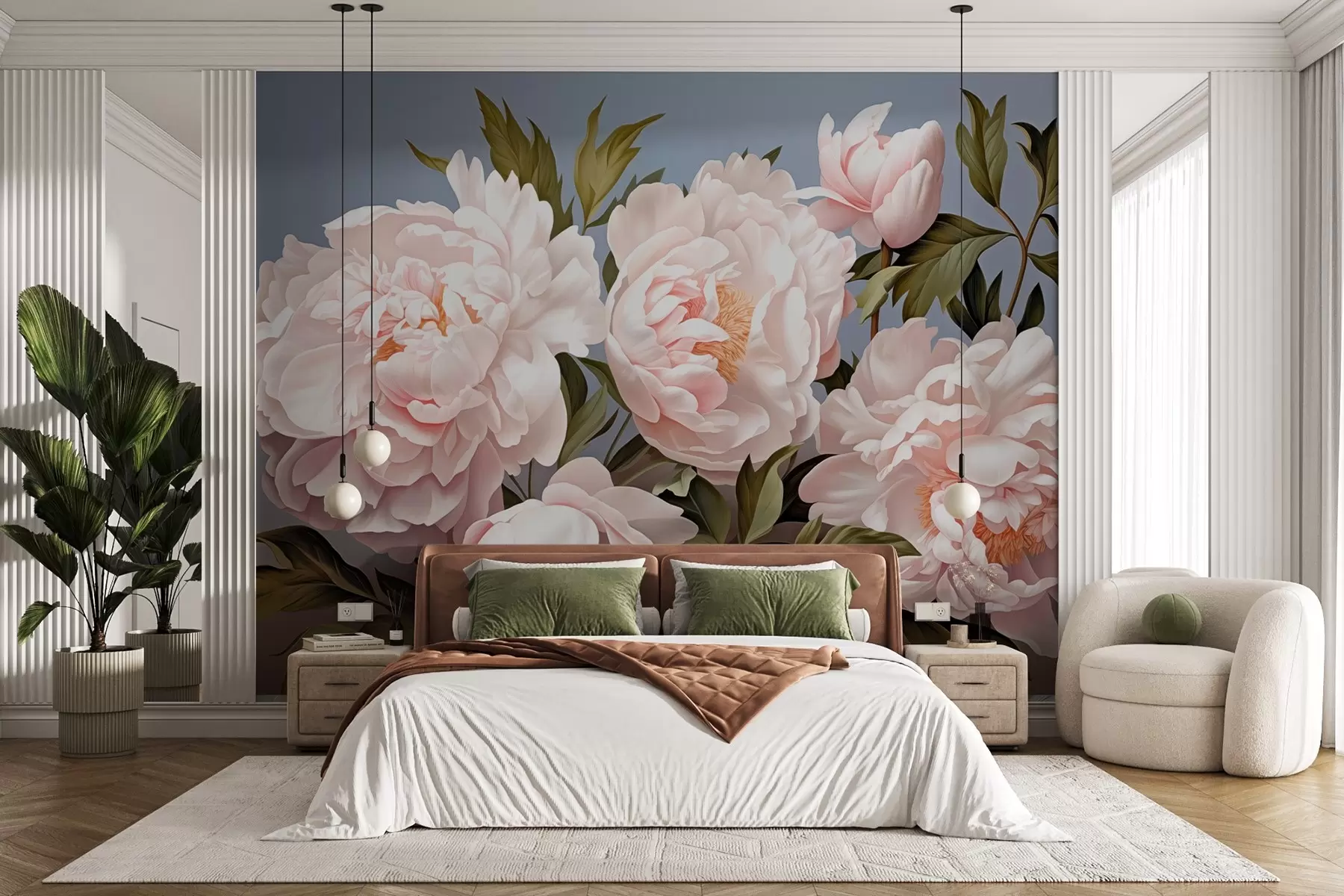 murais de parede Peônias rosa suave com folhas em um fundo azul w08882