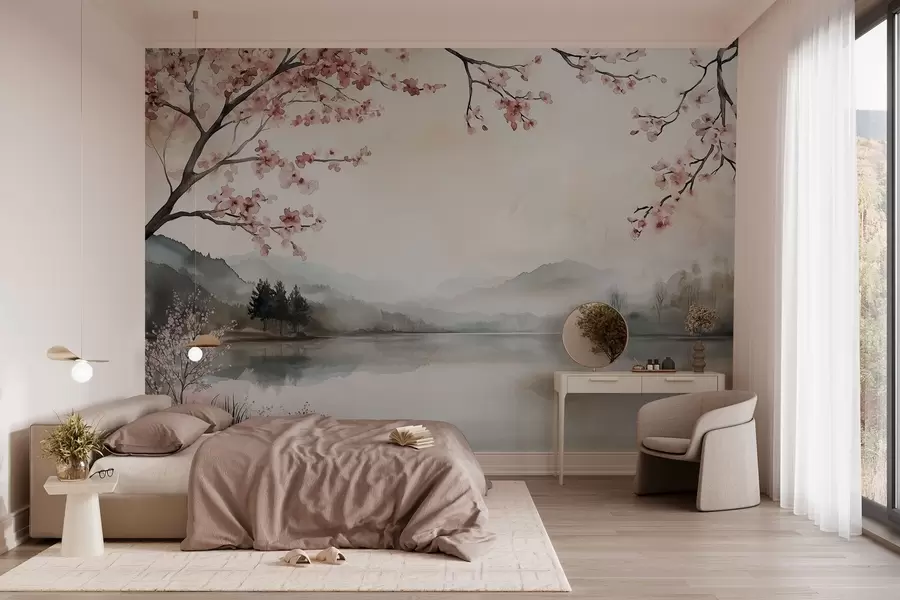 murais de parede paisagem calma em aquarela com um lago e uma árvore florida w03282