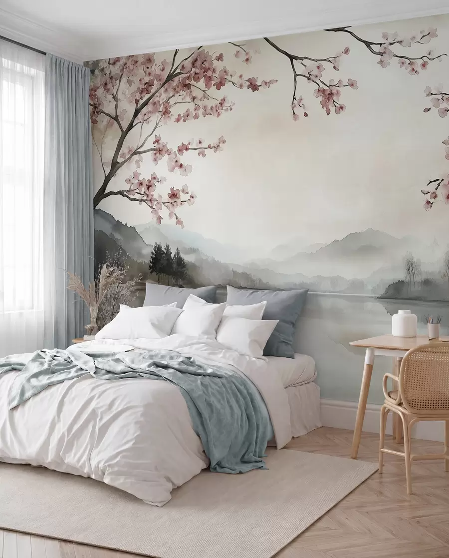 murais de parede paisagem calma em aquarela com um lago e uma árvore florida w03282