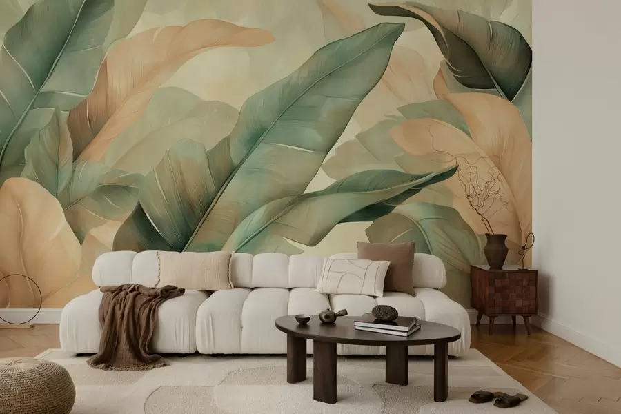 murais de parede grande folhagem tropical em tons de verde e pêssego w03286