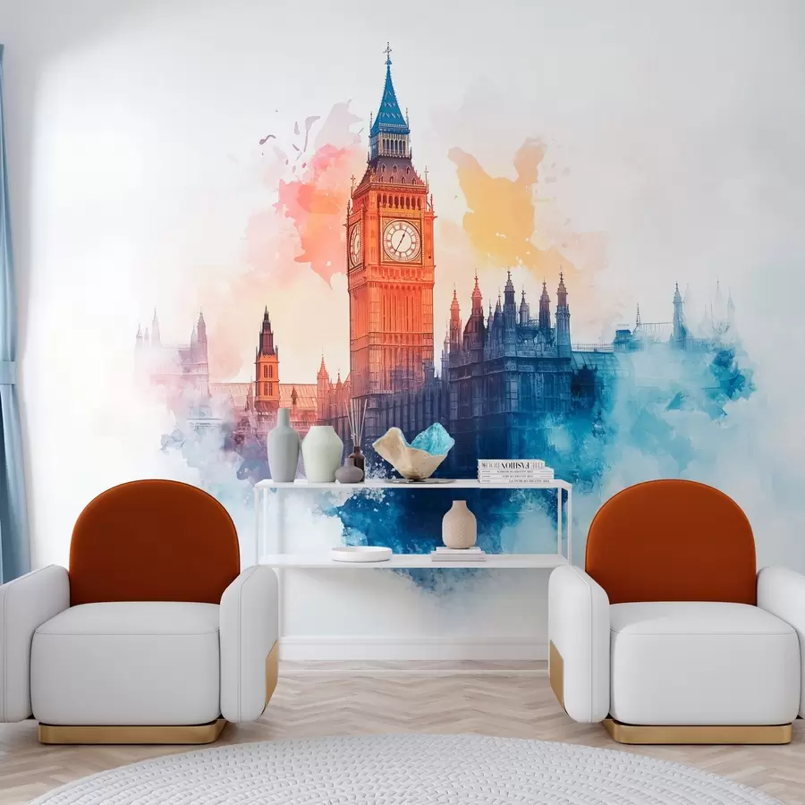murais de parede desenho em aquarela do Big Ben em um fundo claro w03287