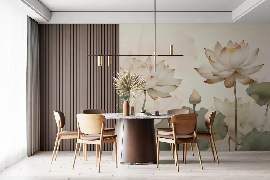 murais de parede Ilustração elegante em aquarela com delicadas flores de lótus e um fundo natural suave w03322