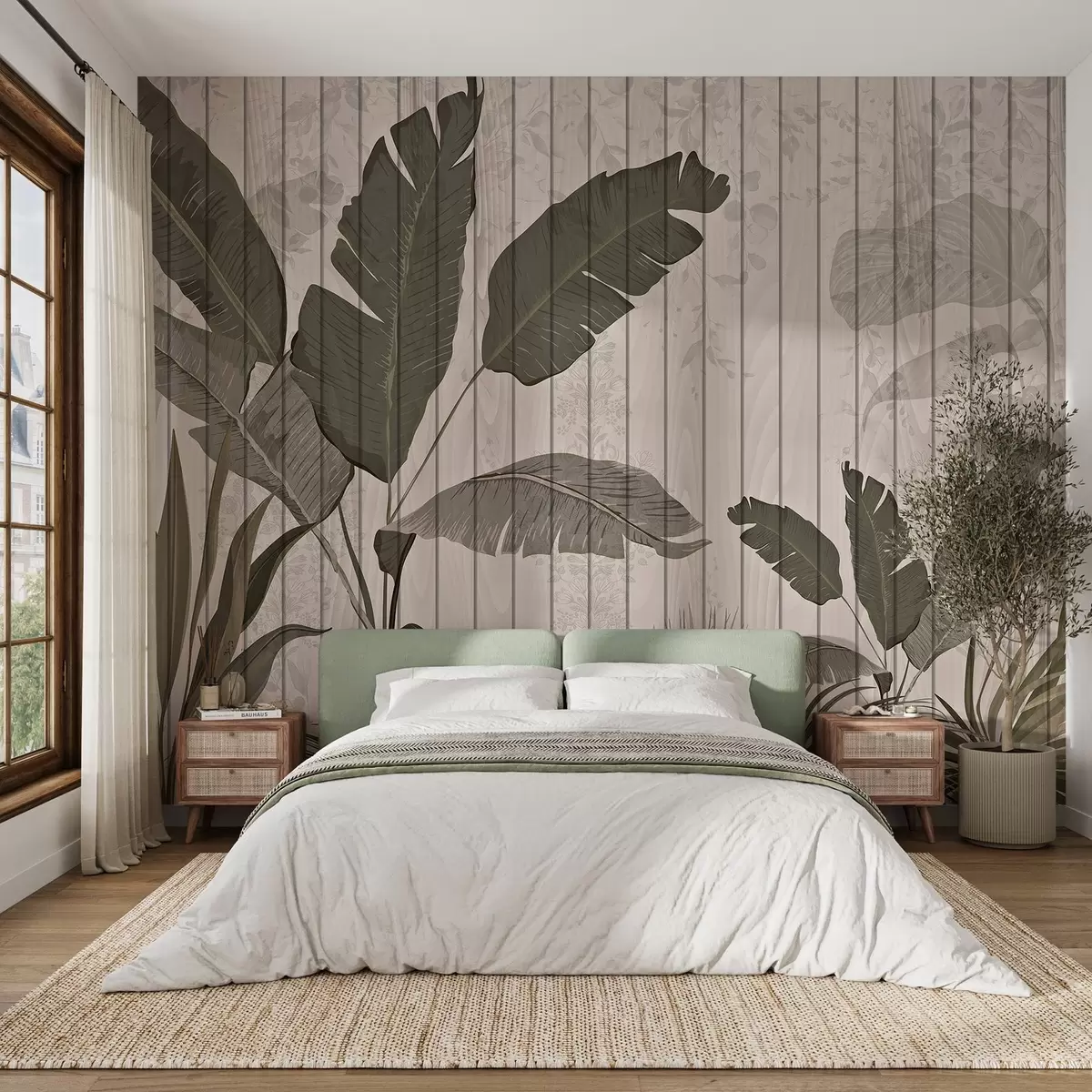 murais de parede Ilustração botânica elegante com folhas de bananeira e plantas exóticas em um fundo claro texturizado w03325v1