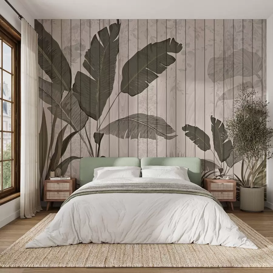 murais de parede Ilustração botânica elegante com folhas de bananeira e plantas exóticas em um fundo claro texturizado w03325v1