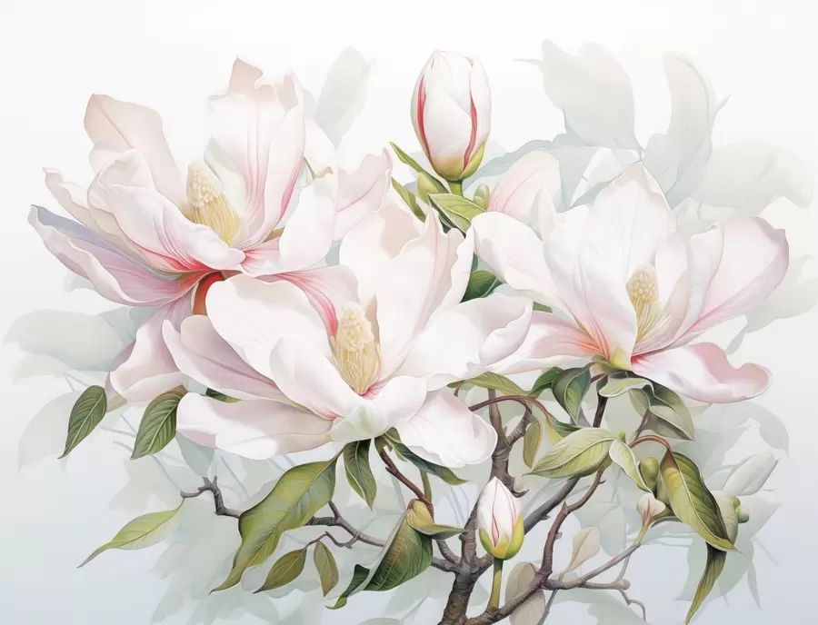 murais de parede Flores de magnólia com pétalas brancas e rosa, folhas e galhos marrons, estilo aquarela suave e delicado w08885