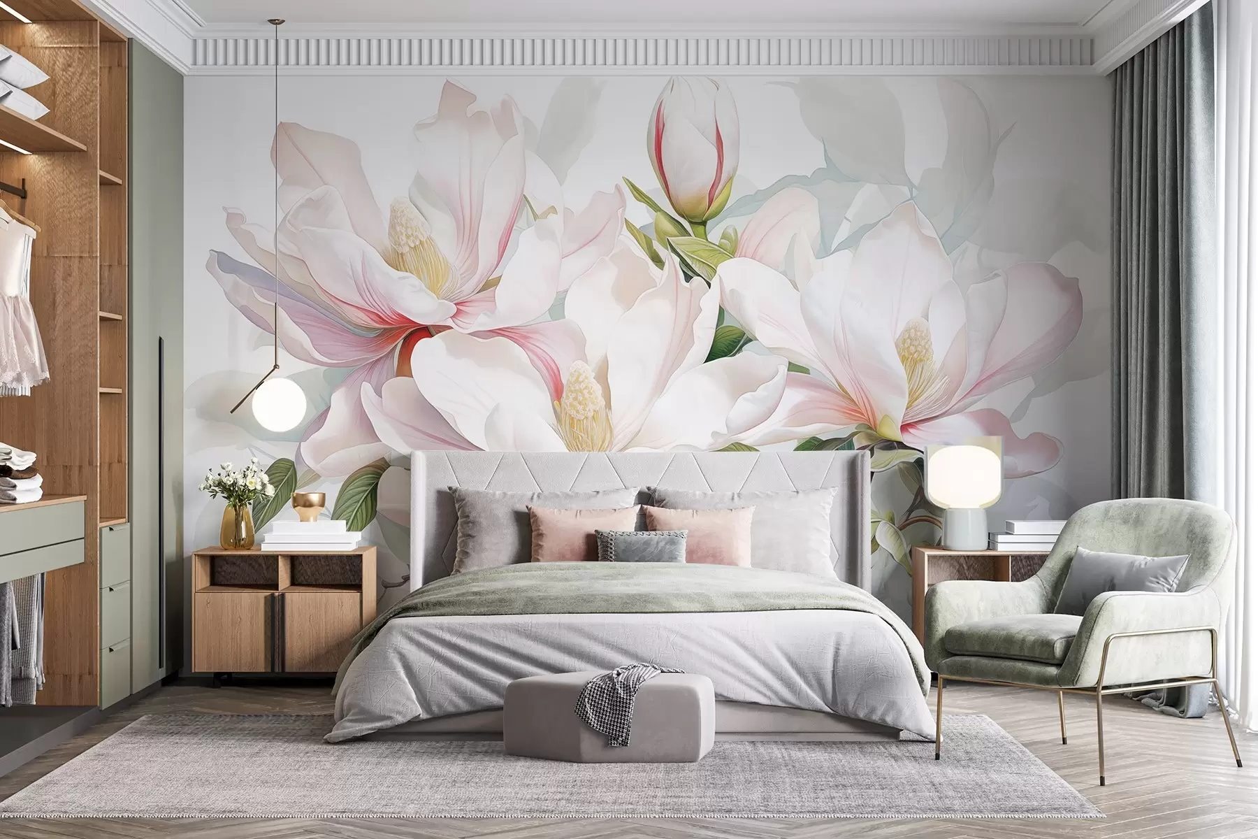 murais de parede Flores de magnólia com pétalas brancas e rosa, folhas e galhos marrons, estilo aquarela suave e delicado w08885