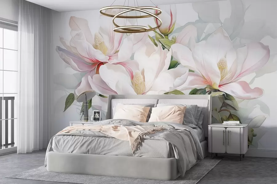 murais de parede Flores de magnólia com pétalas brancas e rosa, folhas e galhos marrons, estilo aquarela suave e delicado w08885
