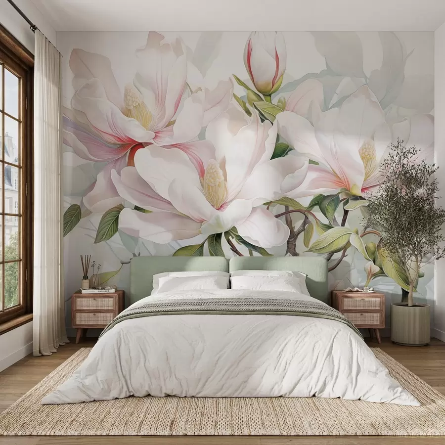 murais de parede Flores de magnólia com pétalas brancas e rosa, folhas e galhos marrons, estilo aquarela suave e delicado w08885