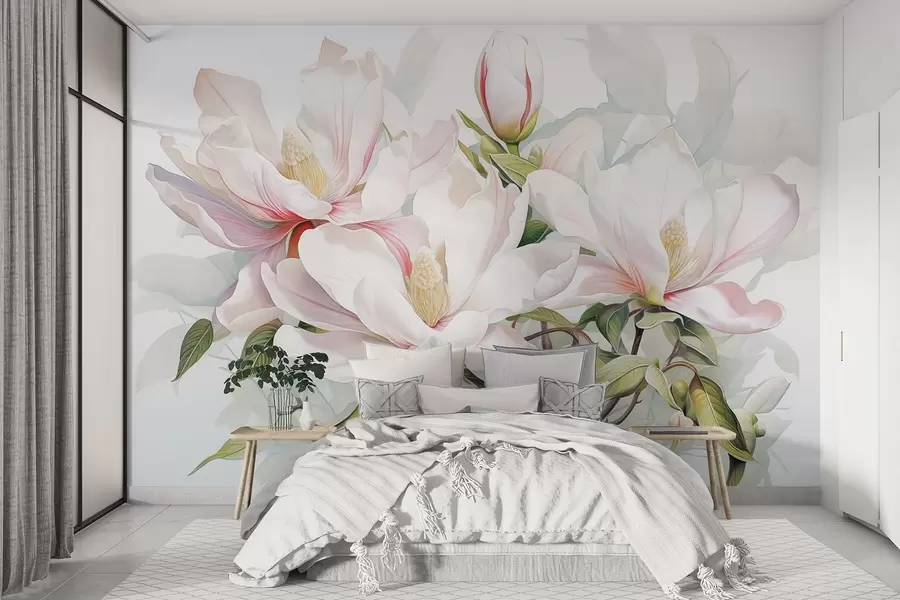 murais de parede Flores de magnólia com pétalas brancas e rosa, folhas e galhos marrons, estilo aquarela suave e delicado w08885