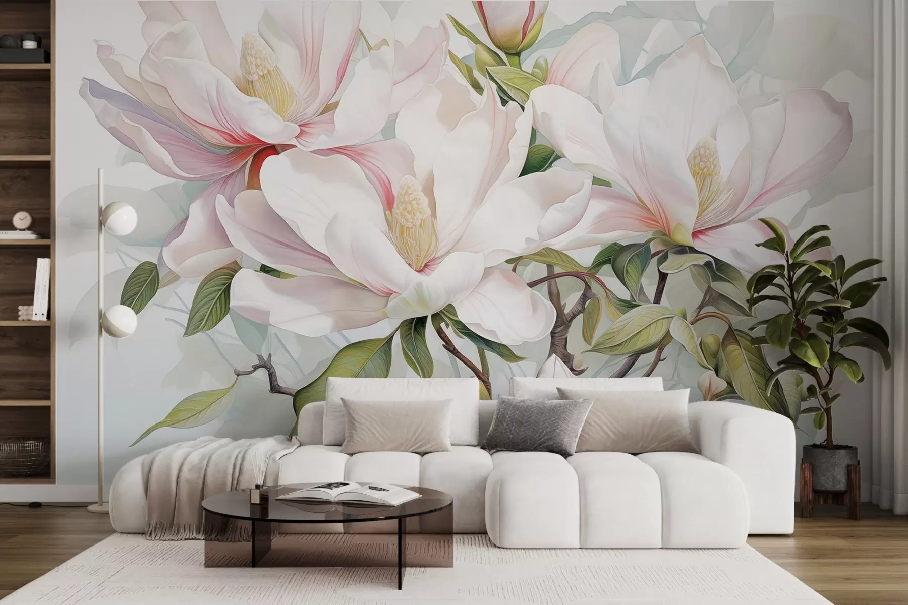 murais de parede Flores de magnólia com pétalas brancas e rosa, folhas e galhos marrons, estilo aquarela suave e delicado w08885
