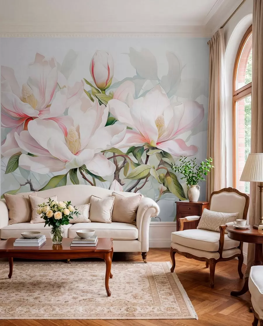 murais de parede Flores de magnólia com pétalas brancas e rosa, folhas e galhos marrons, estilo aquarela suave e delicado w08885