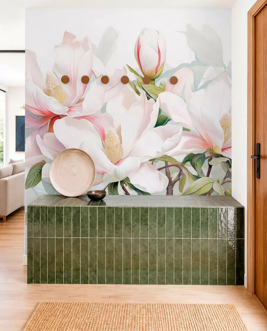murais de parede Flores de magnólia com pétalas brancas e rosa, folhas e galhos marrons, estilo aquarela suave e delicado w08885