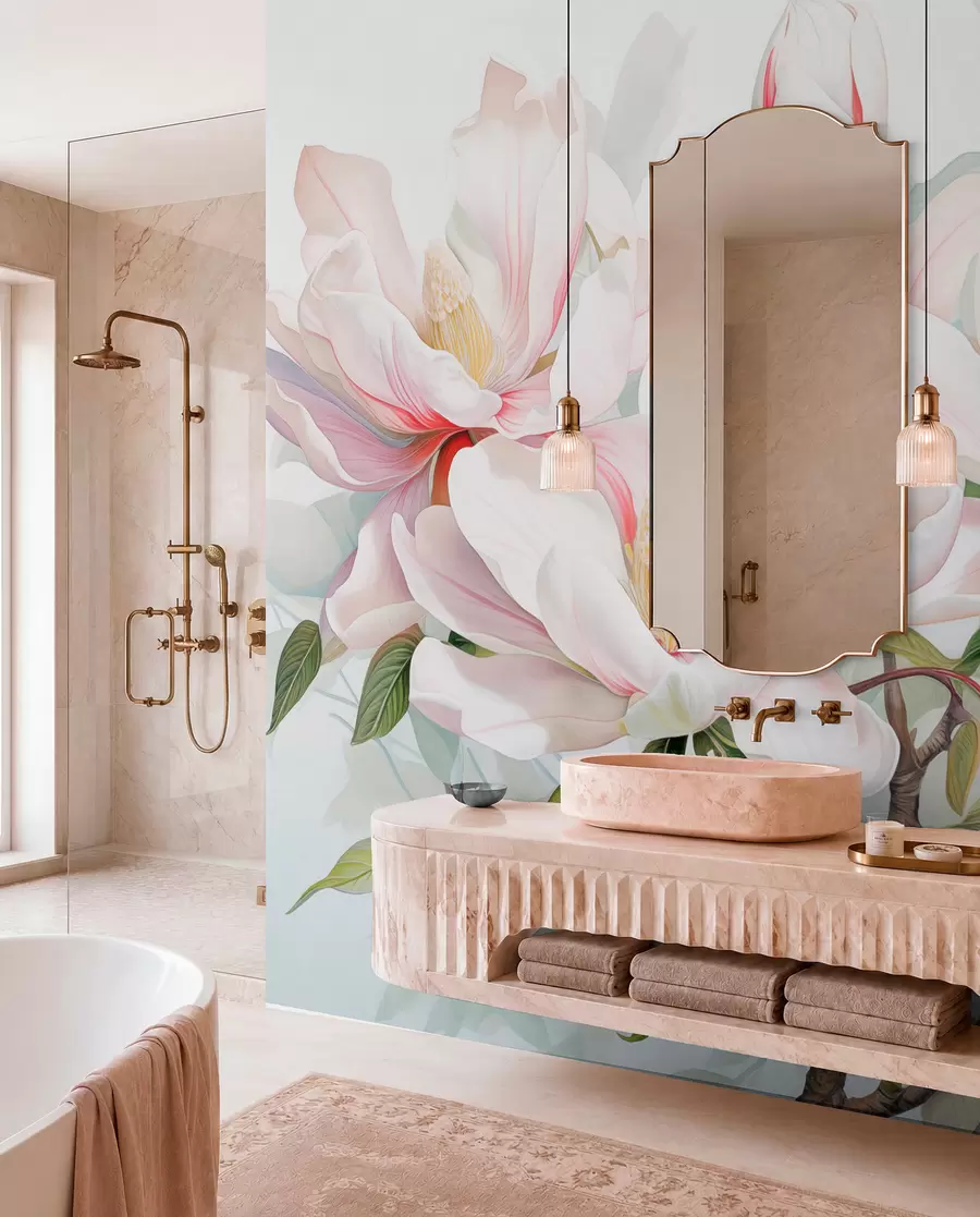 murais de parede Flores de magnólia com pétalas brancas e rosa, folhas e galhos marrons, estilo aquarela suave e delicado w08885