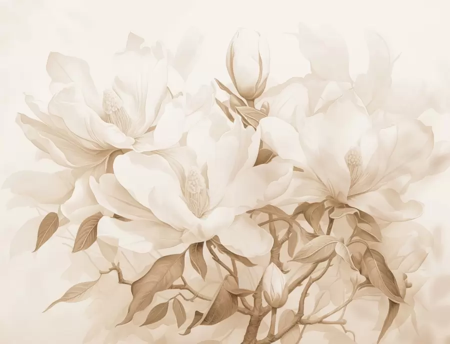 murais de parede Flores de magnólia com pétalas brancas e bege, folhas e galhos marrons, estilo aquarela suave e delicado w08886