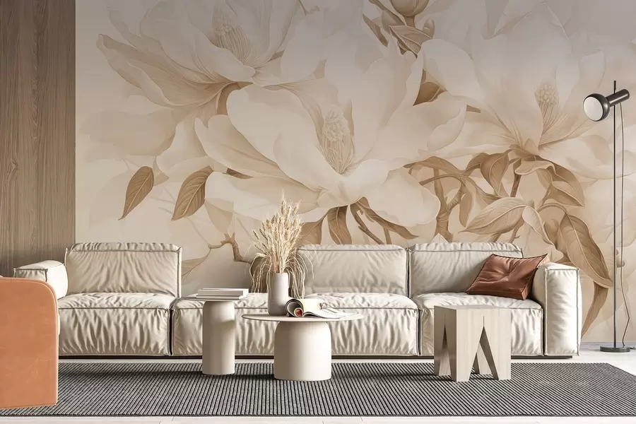 murais de parede Flores de magnólia com pétalas brancas e bege, folhas e galhos marrons, estilo aquarela suave e delicado w08886