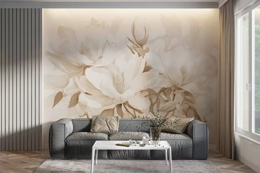 murais de parede Flores de magnólia com pétalas brancas e bege, folhas e galhos marrons, estilo aquarela suave e delicado w08886