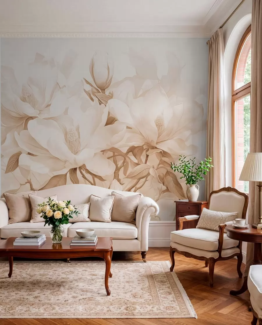murais de parede Flores de magnólia com pétalas brancas e bege, folhas e galhos marrons, estilo aquarela suave e delicado w08886