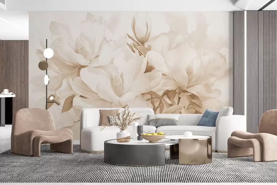 murais de parede Flores de magnólia com pétalas brancas e bege, folhas e galhos marrons, estilo aquarela suave e delicado w08886