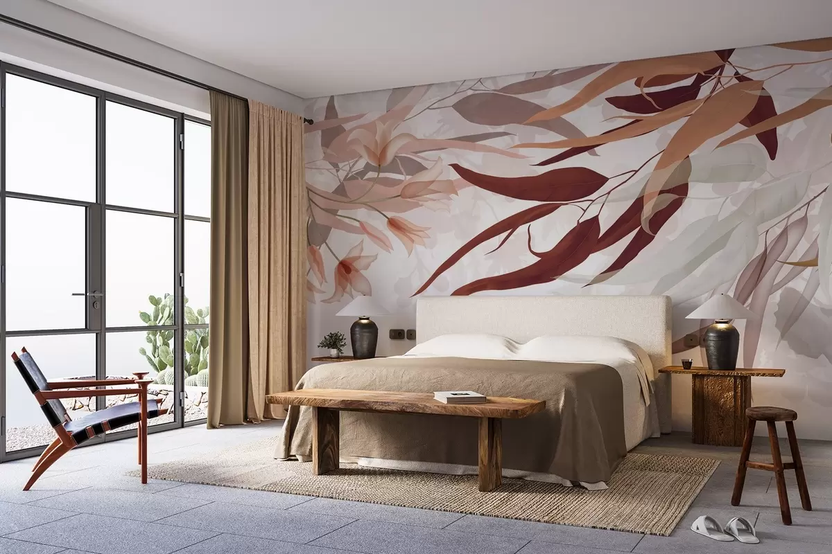 murais de parede Folhas de eucalipto em tons de bordo, bege e branco com flores e galhos delicados em um fundo branco w08887