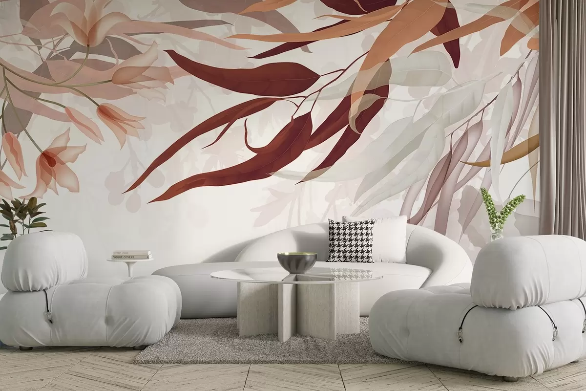 murais de parede Folhas de eucalipto em tons de bordo, bege e branco com flores e galhos delicados em um fundo branco w08887