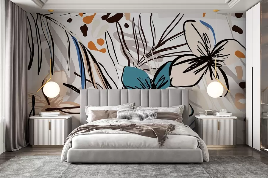 murais de parede Impressão abstrata moderna com folhas de palmeira tropical, flores azuis e bege, linhas pretas, fundo claro w08889