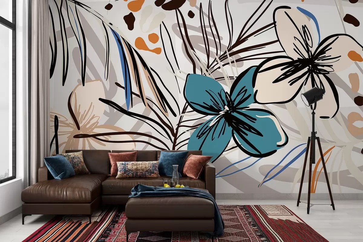 murais de parede Impressão abstrata moderna com folhas de palmeira tropical, flores azuis e bege, linhas pretas, fundo claro w08889