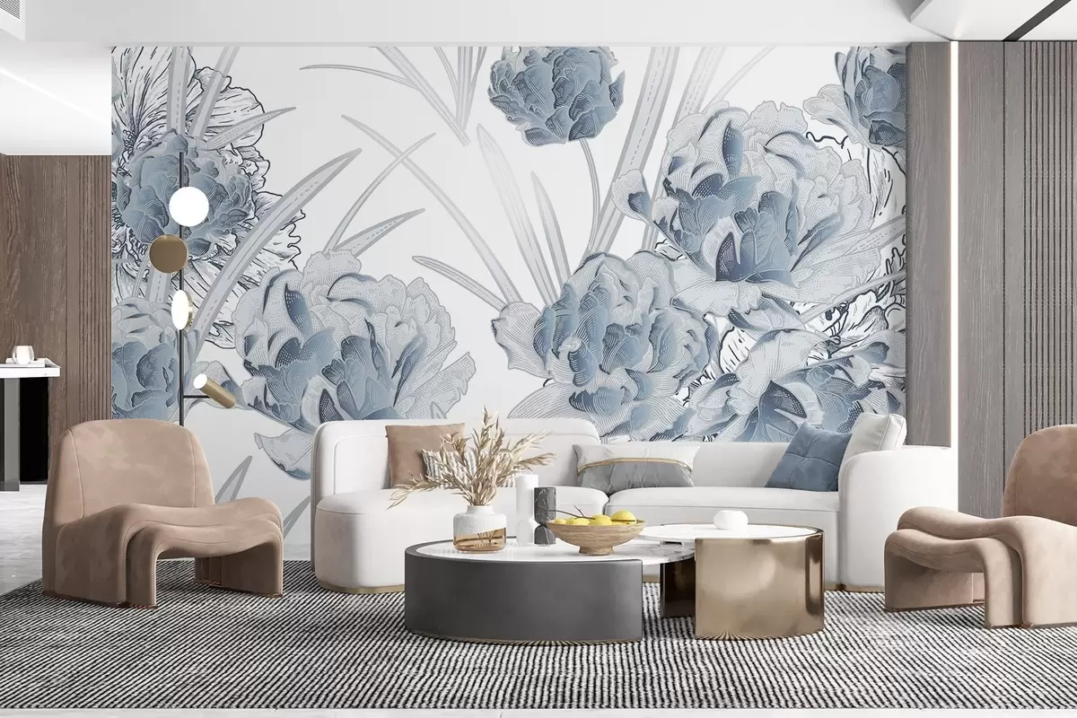 murais de parede Peônias azuis com folhas em um fundo branco, desenho floral, ilustração botânica  w08896