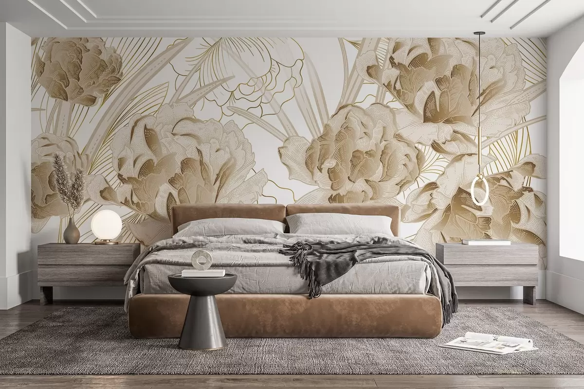 murais de parede Peônias bege com folhas em um fundo branco, desenho floral, ilustração botânica  w08897