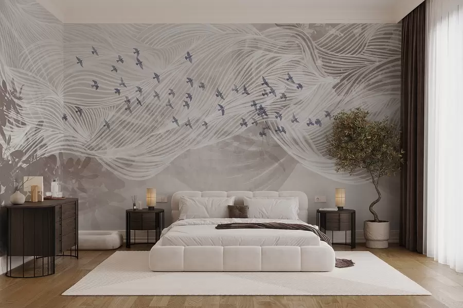 murais de parede Bando de pássaros voando sobre uma paisagem de arte de linha abstrata com textura de ondas bege, cores suaves, design minimalista  w08898