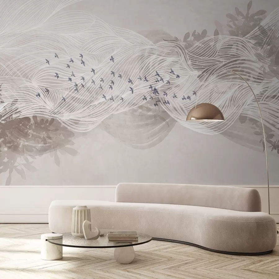 murais de parede Bando de pássaros voando sobre uma paisagem de arte de linha abstrata com textura de ondas bege, cores suaves, design minimalista  w08898