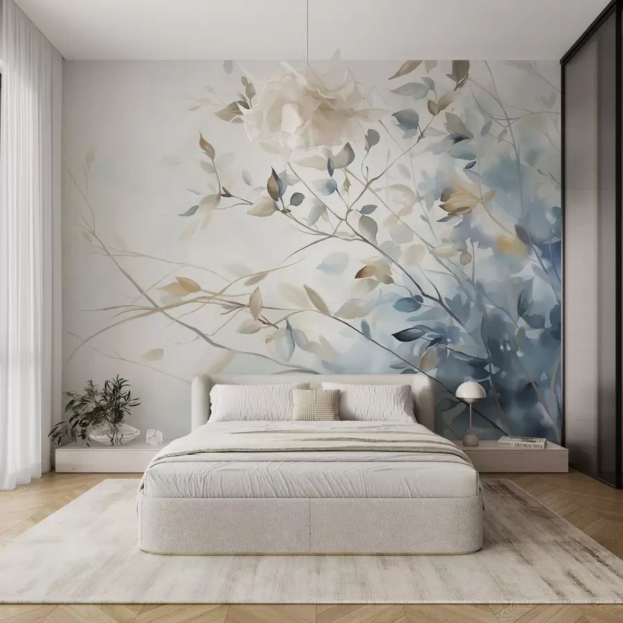 murais de parede Galhos com folhas em tons de azul e marrom, fundo claro, suave e delicado, estilo aquarela  w08900